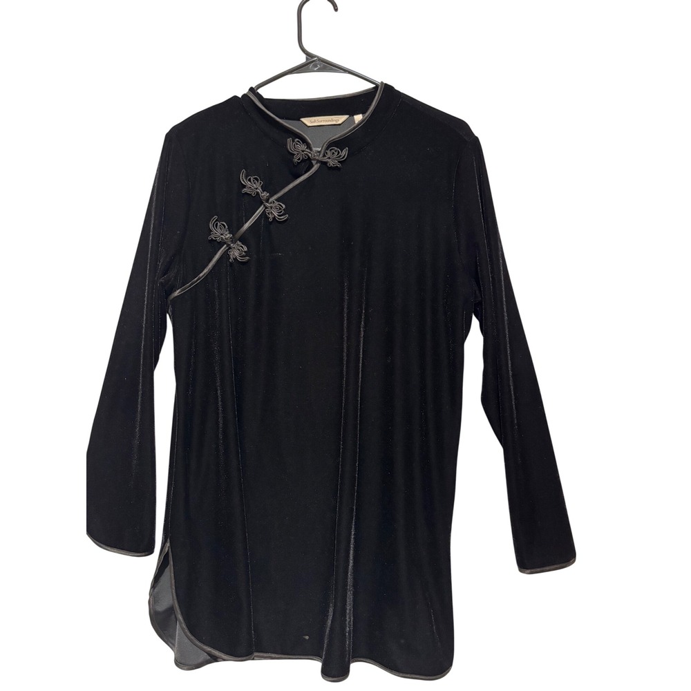 Soft Surroundings Black Velvet Mandarin Collar Frog Button Tunic Top Petite sz L